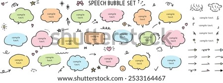 A vector illustration set of hand-drawn speech bubbles. Speech balloon, frames, stylish, handwritten, hearts, stars