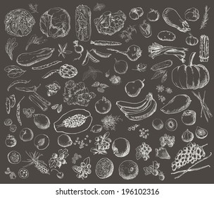 Vector illustration of a set of hand-painted vegetables, fruits, spices, herbs