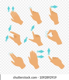 Vector illustration set of hands in different positions touch screen gestures, fingers move by blue color arrows showing direction of movement of fingers isolated on transparent background in flat