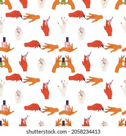 Vector illustration set of hands gestures with colored nails. Beauty and fashion concept. Seanless pattern.
