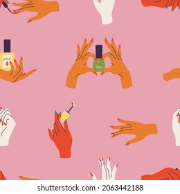 Vector illustration set of hands gestures with colored nails. Beauty and fashion concept. Seanless pattern