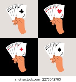 Vector illustration set with hands holding playing cards with different suits. Doodle concept for casino