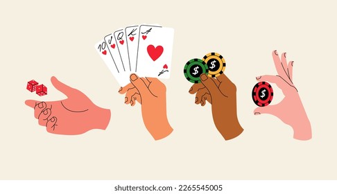 Vector illustration set with hands holdings different gambling objects, playing cards, poker chips, and dice. Doodle concept for casino