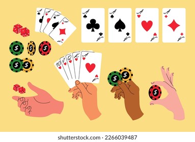 Vector illustration set with hands holdings different gambling objects, playing cards, poker chips, and dice. Doodle concept for casino