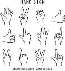 Vector illustration set of hands. Icons, hand signs, fingers, peace