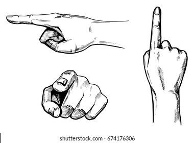 Vector illustration set of a hands pointing in different directions: top, side, front. Hand pointing on you.