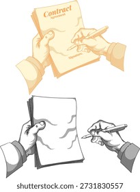 Ilustración vectorial de manos firmando un documento formal. Este concepto representa acuerdos comerciales, procesos de contratación y compromisos legales. Diseñado con técnicas retro de rayado. El set ofrece una versión en color y una versión en blanco y negro de arte lineal expandido, perfecto para diseños editoriales, blogs corporativos o materiales de marketing que necesitan un toque clásico.