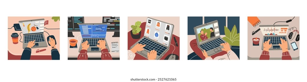 Ilustração vetorial conjunto de mãos digitando em laptops em vários cenários: design gráfico, codificação, compras on-line, bate-papo em vídeo e análise de dados.