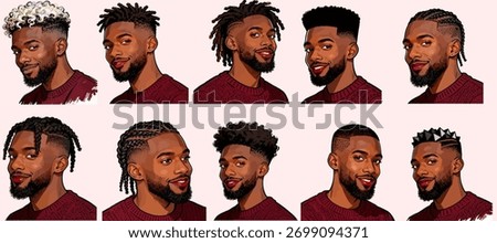 Vector illustration set of a handsome Black man with a variety of modern, stylish haircuts including braids, fades, twists, and dreadlocks Character portraits for a barbershop or salon