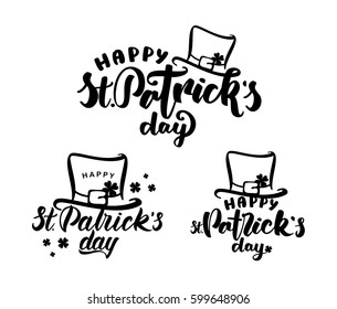 Vector illustration: Set of Handwritten brush lettering  of Happy St. Patrick's Day  with leprechaun hat on white background.  