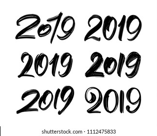 Vector illustration: Set of Handwritten lettering of 2019. Happy New Year. Chines calligraphy