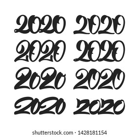 Vector illustration: Set of Handwritten lettering of 2020. Happy New Year. Chines calligraphy