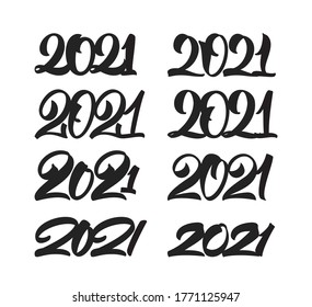 Vector illustration: Set of Handwritten number lettering of 2021. Happy New Year. Chines calligraphy