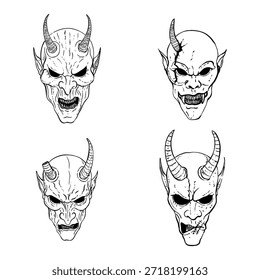 Ilustração vetorial conjunto de máscaras demoníacas inspiradas em Hannya com chifres ferozes e faces expressivas, misturando a estética tradicional japonesa com design moderno pronto para tatuagem.