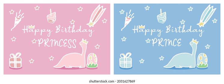 Vector illustration set of Happy birthday card dino princess and prince theme in pink and blue background. Hand drawn doodle line of dinosaur concept