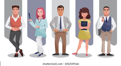 Vector illustration set of happy business people. Character collection of a group of people in various poses and situations. Flat styled design for presentation, project, banner, poster and card
