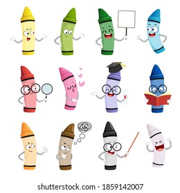 Vector illustration set of happy cartoon crayon colors mascot characters in different poses and emotions.