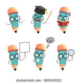 Vector illustration set of happy cartoon pencil mascot characters in different poses and emotions.