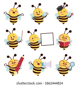 Vector illustration set of happy cartoon bee mascot characters in different poses in education concept.