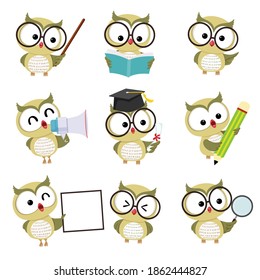 Vector illustration set of happy cartoon owl mascot characters in different poses in education concept.