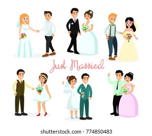 Vector illustration set of happy characters bride and groom isolated on white background in cartoon flat style. Wegging couples, element for wedding invitations.