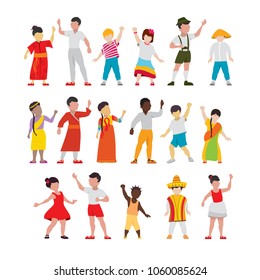 vector illustration set of happy children of different nationalities and in traditional national costumes. graphic design world children's day.