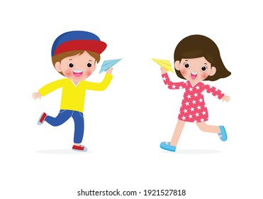 Vector illustration Set of Happy Children boy and girl playing with paper airplane,children and origami plane flying on the sky isolated on white background