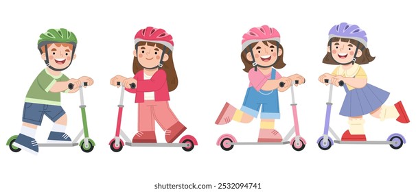 Vector illustration set of happy children riding kick scooters