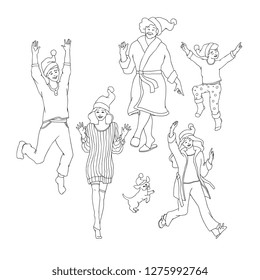 Vector illustration set of happy family members in home clothes and Santa Claus hats jumping with joyful in sketch style - hand drawn smiling people and pet celebrating Christmas and New Year.