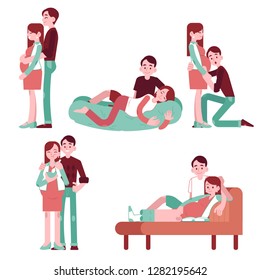 Vector illustration set of happy family couple expecting baby in flat style - smiling young pregnant woman and her husband in various situations isolated on white background.