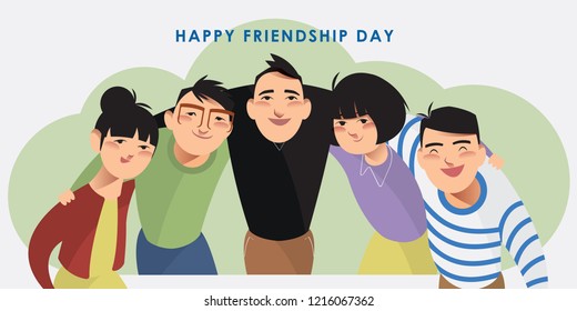 Vector illustration set of happy friends. Character collection of a group of people putting arms around each other's shoulders. Flat styled design for presentation, project, banner, poster, card.