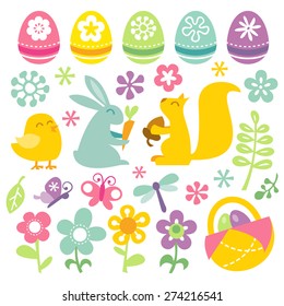 A vector illustration set of a happy, fun and super cute retro inspired easter/spring clip arts.