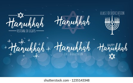 Vector illustration set of Happy Hanukkah. Judaism symbol. Hanukkah logo for greeting card template