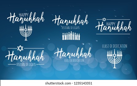 Vector illustration set of Happy Hanukkah. Judaism symbol. Hanukkah logo for greeting card template