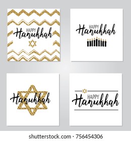 Vector illustration set of Happy Hanukkah. Lettering text sign isolated on white background. Judaism symbol. Hanukkah logo for greeting card template