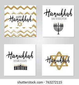 Vector illustration set of Happy Hanukkah. Lettering text sign isolated on white background. Judaism symbol. Hanukkah logo for greeting card template