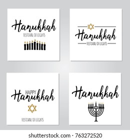 Vector illustration set of Happy Hanukkah. Lettering text sign isolated on white background. Judaism symbol. Hanukkah logo for greeting card template