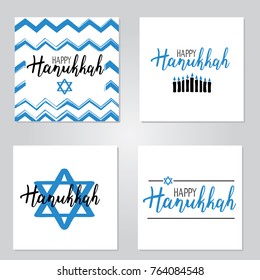 Vector illustration set of Happy Hanukkah. Lettering text sign isolated on white background. Judaism symbol. Hanukkah logo for greeting card template