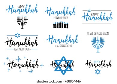 Vector illustration set of Happy Hanukkah. Lettering text sign isolated on white background. Judaism symbol. Hanukkah logo for greeting card template