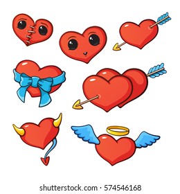 Vector illustration. Set of happy hearts with wings, horns, arrow, ribbon, eyes and seam for valentine day. Cartoon style with contour. Decoration for greeting cards, patches, prints for clothes
