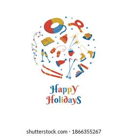 Vector illustration set of happy holidays stuff and things to do isolated on white background. New Year mood traditional things in a citcle shape.