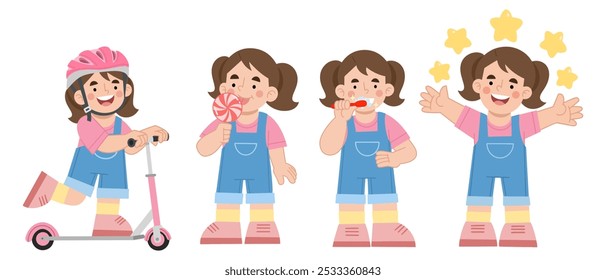 Vector illustration set of happy little girl activities