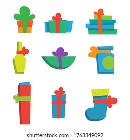 Vector illustration. Set of happy new year gifts and presents. Merry christmas gifts. Xmas set of colorful presents. Modern flat style. For your design, banner, poster, gift card.