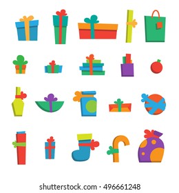 Vector illustration. Set of happy new year gifts and presents. Merry christmas gifts. Xmas set of colorful presents. Modern flat style. For your design, banner, poster, gift card.