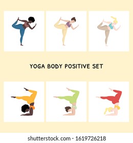 Vector illustration set with happy of oversized woman in yoga position. Sport and body health positive concept. Love body. Attractive woman of large sizes an active healthy lifestyle