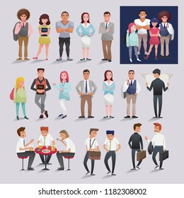 Vector illustration set of happy people. Character collection of a group of people in various poses and situations. Flat styled design for presentation, project, banner, poster, card, and brochure.	