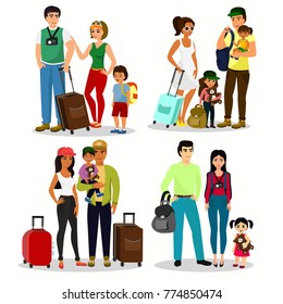 Vector illustration set of happy people travelling with kids. Family travel together. Father mother and children with luggage at the airport in a flat cartoon style.