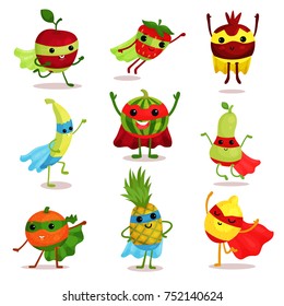 Vector illustration set of happy superhero fruit characters in different poses, card or print elements