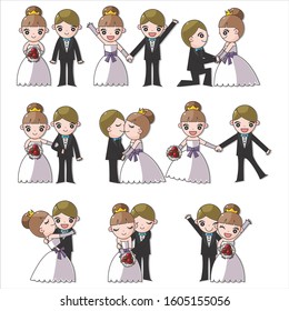 Vector illustration, Set of happy Wedding Couple Vector, Vector Cartoon Illustration