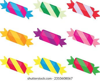 Vector illustration of set of hard candies of different colors and flavors. Wrapped in colorful paper. Sweets and candies for parties and birthdays.